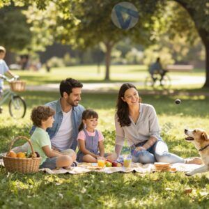 Семейный отдых на пикнике в парке с детьми и собакой в тёплый летний день